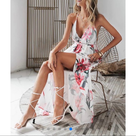 Simplee Floral Print Backless Wrap Slit Slip Dress - Picture 2 of 13